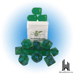 SET OF 15 DICE: TRANSLUCENT DARK GREEN/LIGHT BLUE